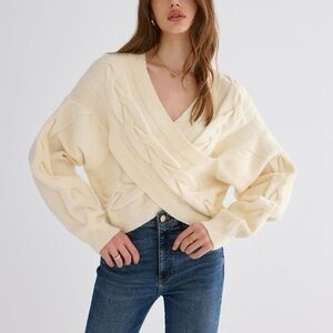 NWT Commense Large Cream Cable Knit Cross Front V-Neck Sweater Off White Ivory